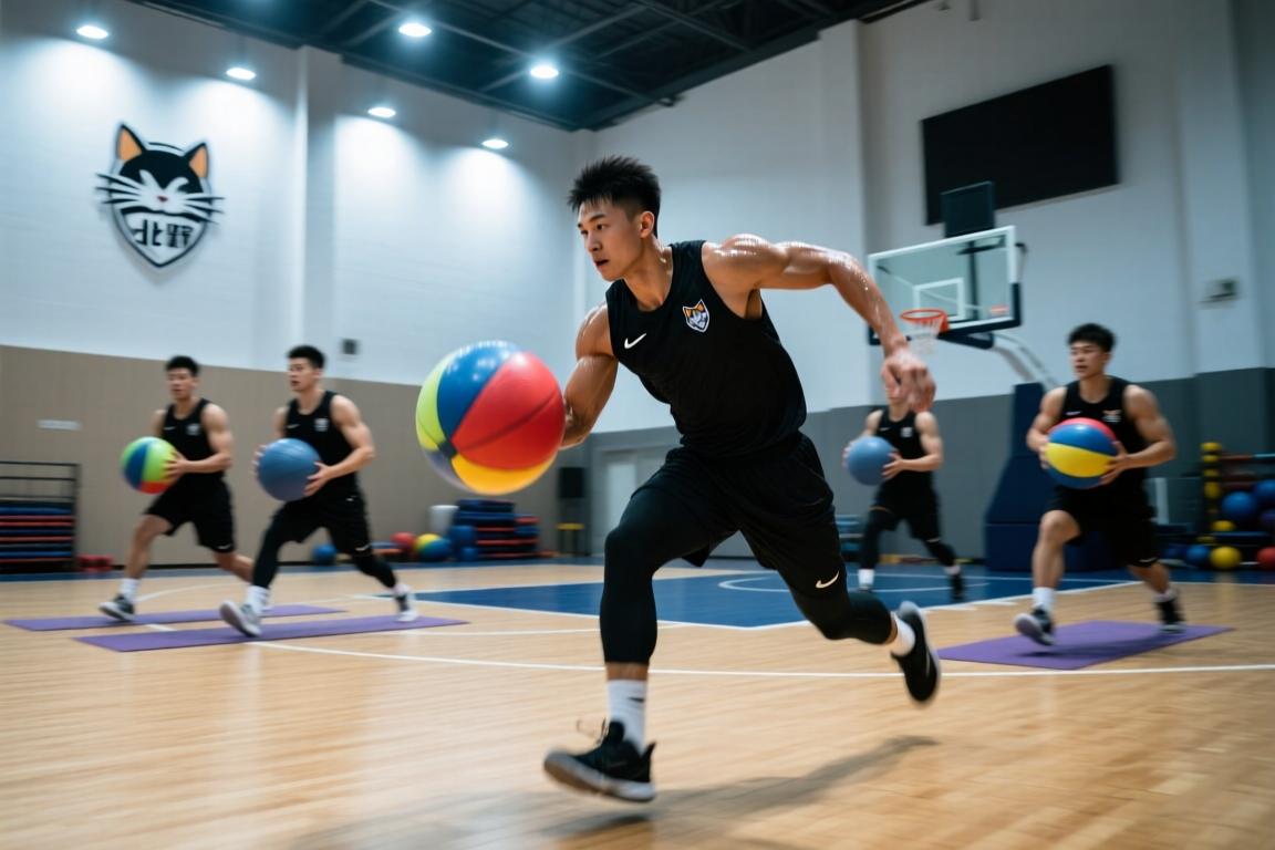 北控男篮训练进行时：瑜伽球猫鼠游戏