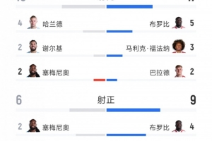 曼城5-3桑德兰全场数据：射门16-17，射正6-9，得分机会3-6