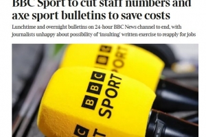 泰晤士报：为节约成本，BBC将进一步减少播出体育节目并裁员