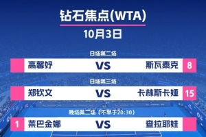 中网10月3日钻石球场安排:郑钦文和高馨妤日场出战、莱巴金娜晚场