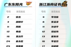 广东VS广厦大名单：徐杰&胡明轩、孙铭徽&胡金秋领衔各自阵容