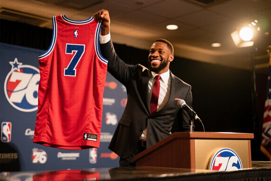FMVP！杰伦·布朗发布会举起自己的7号76人球衣！