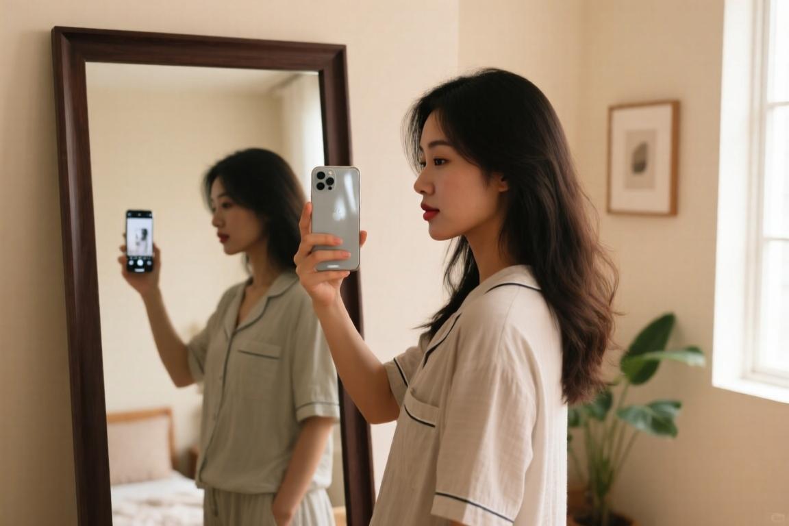 登哥女友拿着手机在镜子前自拍！这香肠嘴小编表示欣赏不来