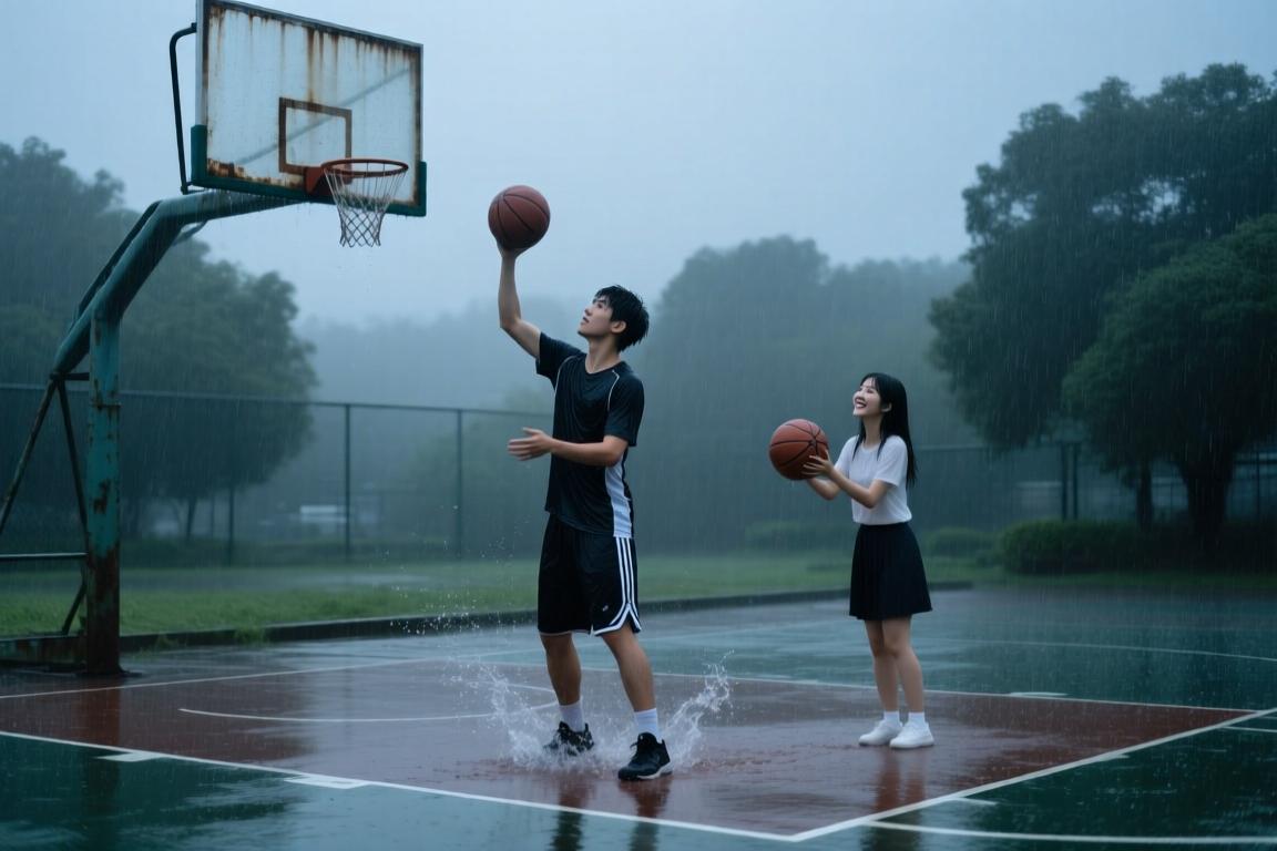 这狗粮撒的！小伙下雨天投篮，女友冒雨为其传球